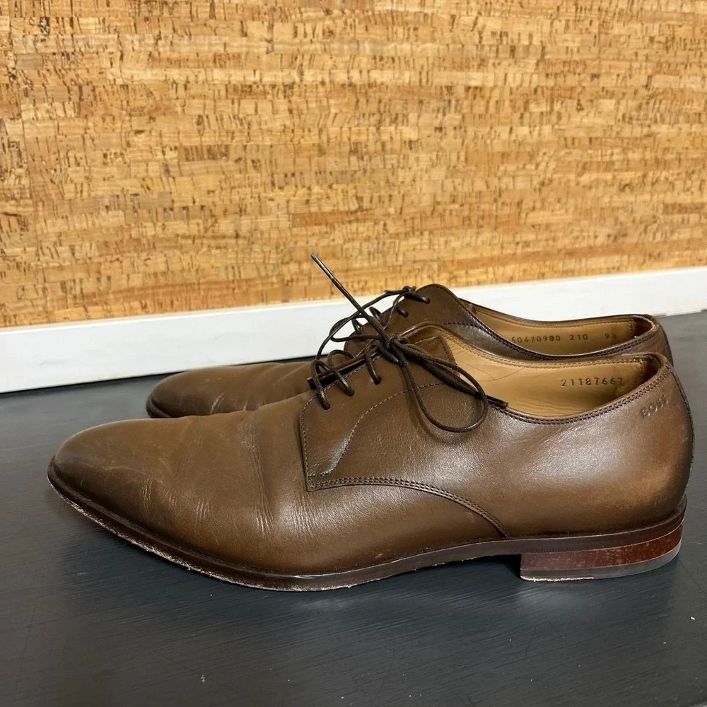 Hugo Boss Mens Brown Leather Derby Dress Shoes Made in‎ Italy 50470980 Size 9.5